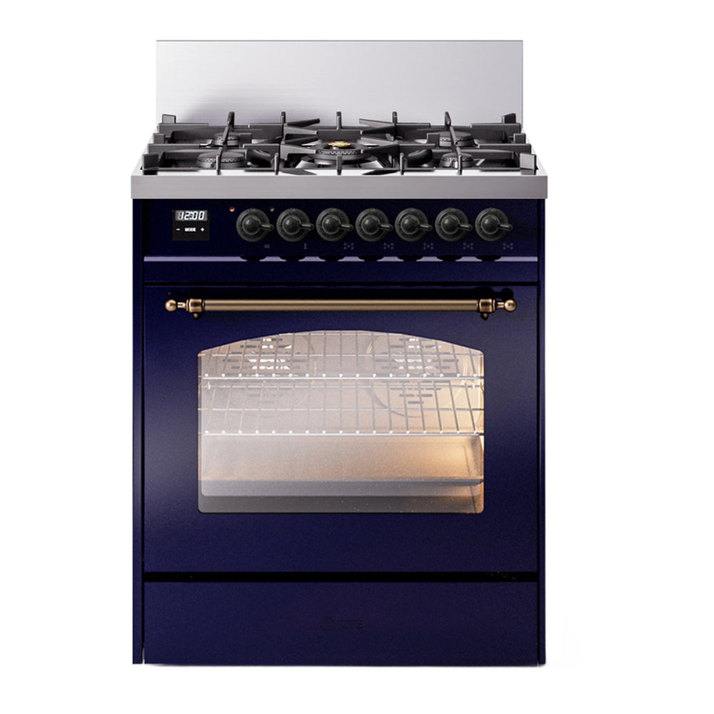 ILVE Nostalgie II 30" Dual Fuel Range - 5 Burners, 4.0 cu. ft. Oven - Triple Glass Door - Midnight Blue / Bronze / Natural Gas