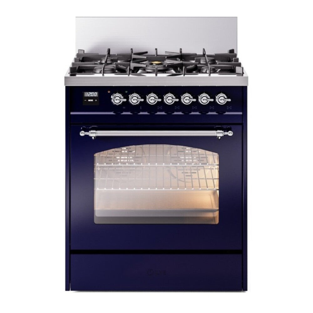 ILVE Nostalgie II 30" Dual Fuel Range - 5 Burners, 4.0 cu. ft. Oven - Triple Glass Door - Midnight Blue / Chrome / Natural Gas