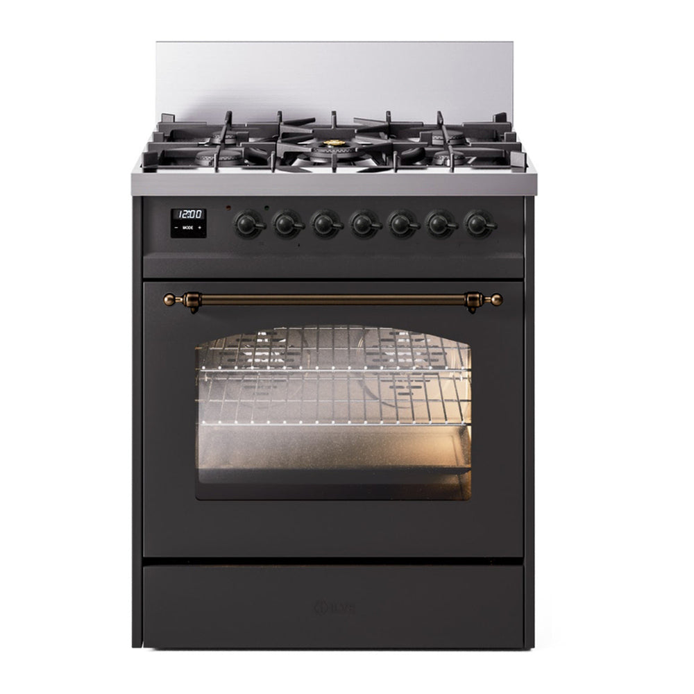 ILVE Nostalgie II 30" Dual Fuel Range - 5 Burners, 4.0 cu. ft. Oven - Triple Glass Door - Graphite Matte / Bronze / Natural Gas
