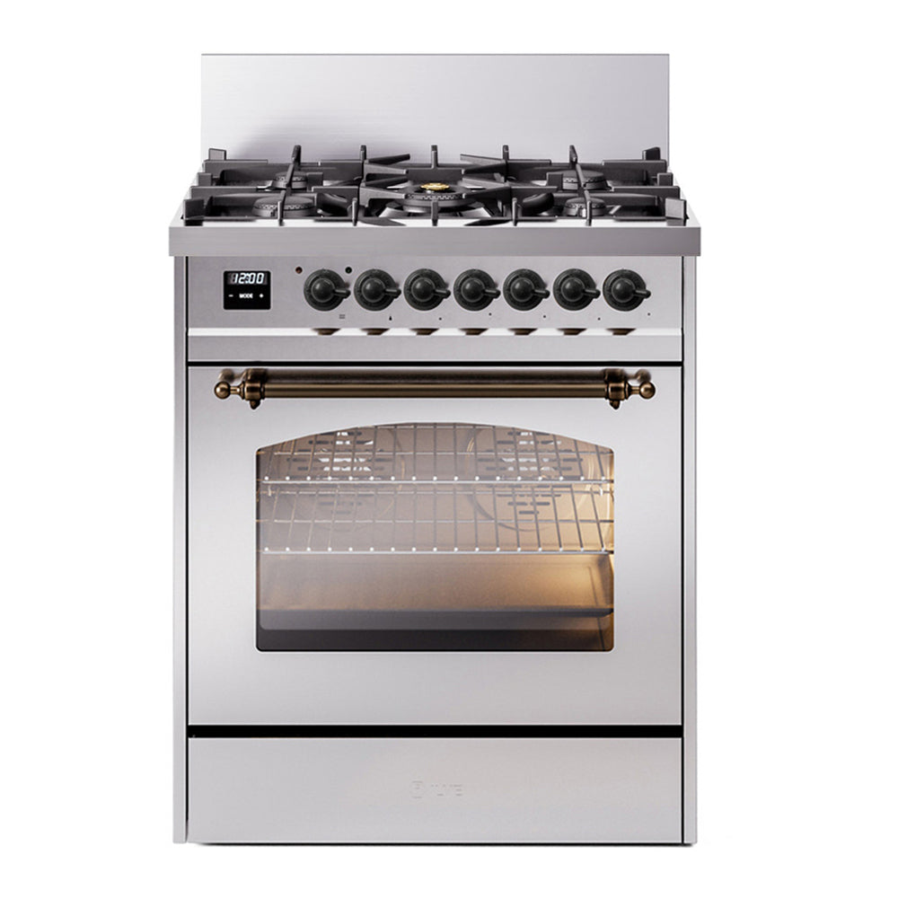 ILVE Nostalgie II 30" Dual Fuel Range - 5 Burners, 4.0 cu. ft. Oven - Triple Glass Door - Stainless Steel / Bronze / Natural Gas