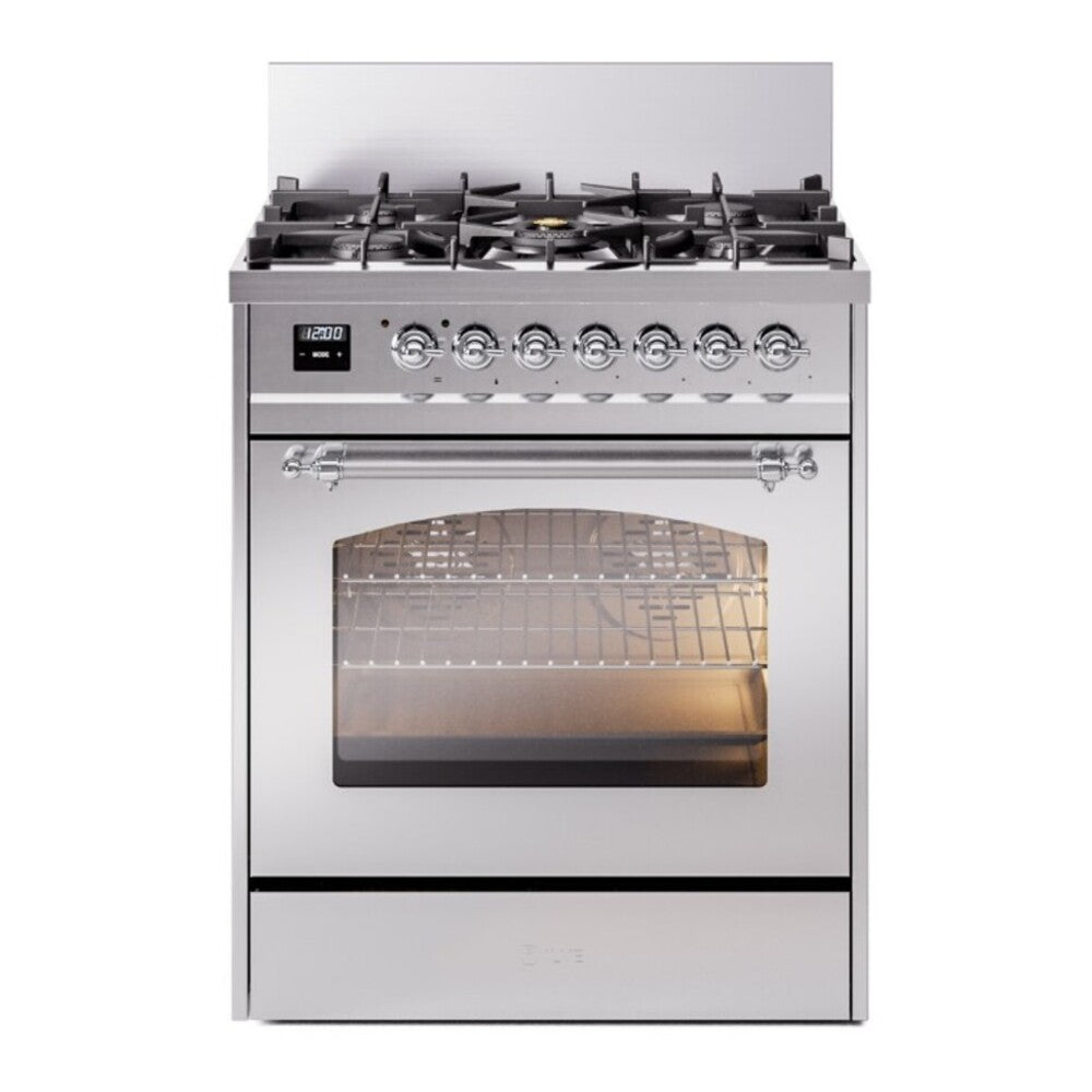 ILVE Nostalgie II 30" Dual Fuel Range - 5 Burners, 4.0 cu. ft. Oven - Triple Glass Door - Stainless Steel / Chrome / Natural Gas
