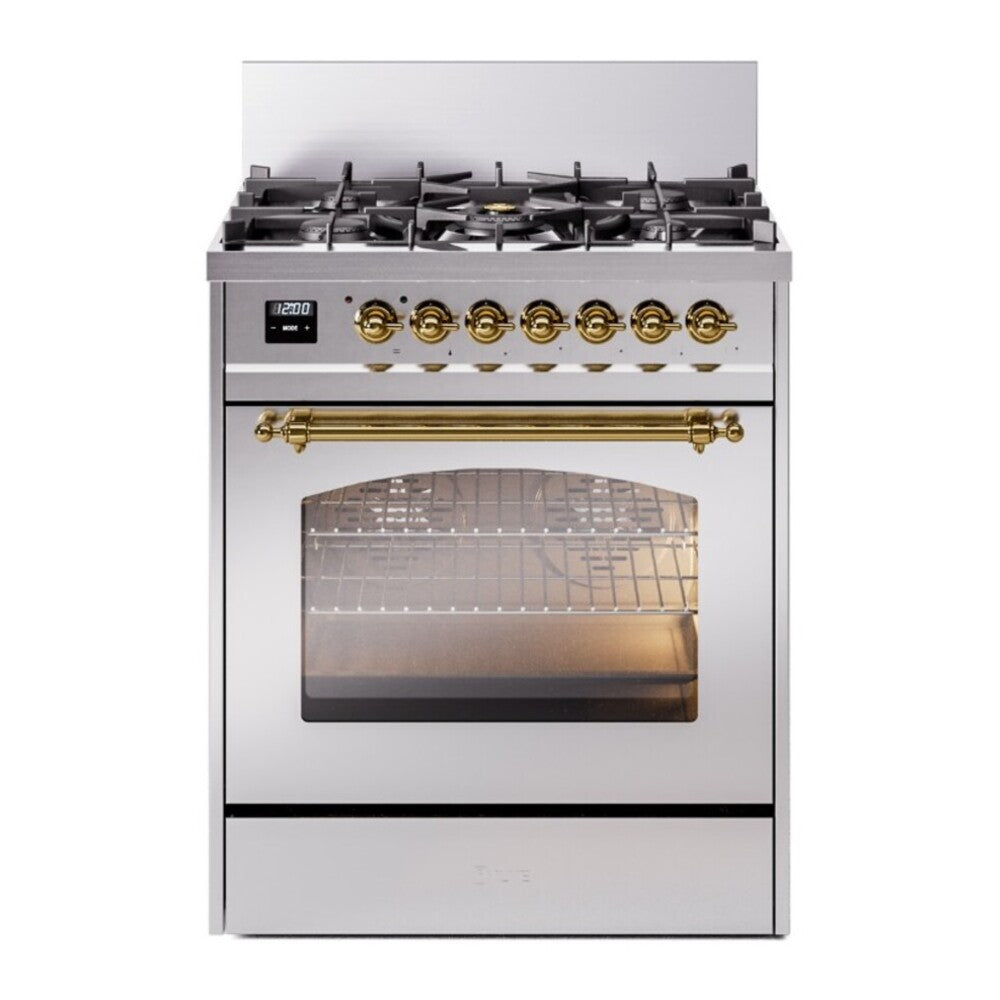 ILVE Nostalgie II 30" Dual Fuel Range - 5 Burners, 4.0 cu. ft. Oven - Triple Glass Door - Stainless Steel / Brass / Natural Gas