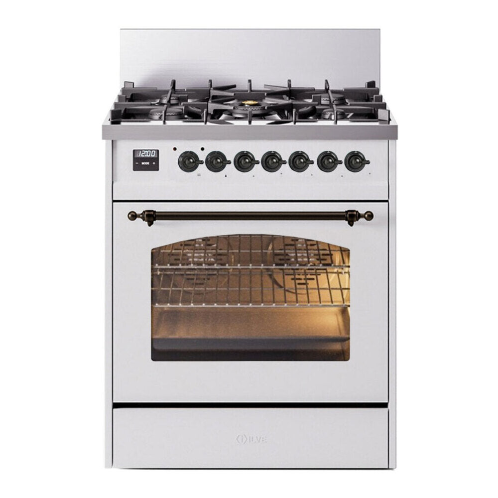 ILVE Nostalgie II 30" Dual Fuel Range - 5 Burners, 4.0 cu. ft. Oven - Triple Glass Door - White / Bronze / Natural Gas
