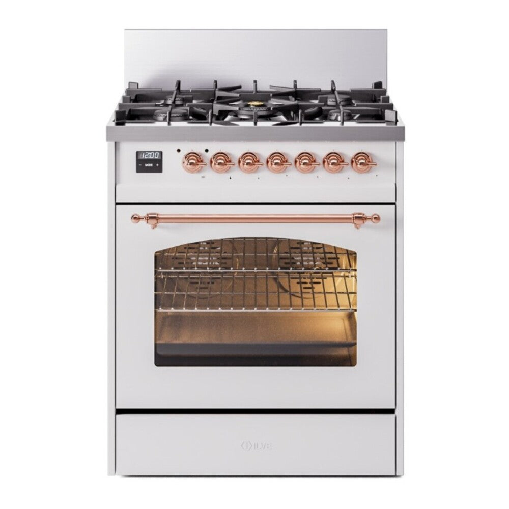 ILVE Nostalgie II 30" Dual Fuel Range - 5 Burners, 4.0 cu. ft. Oven - Triple Glass Door - White / Copper / Natural Gas