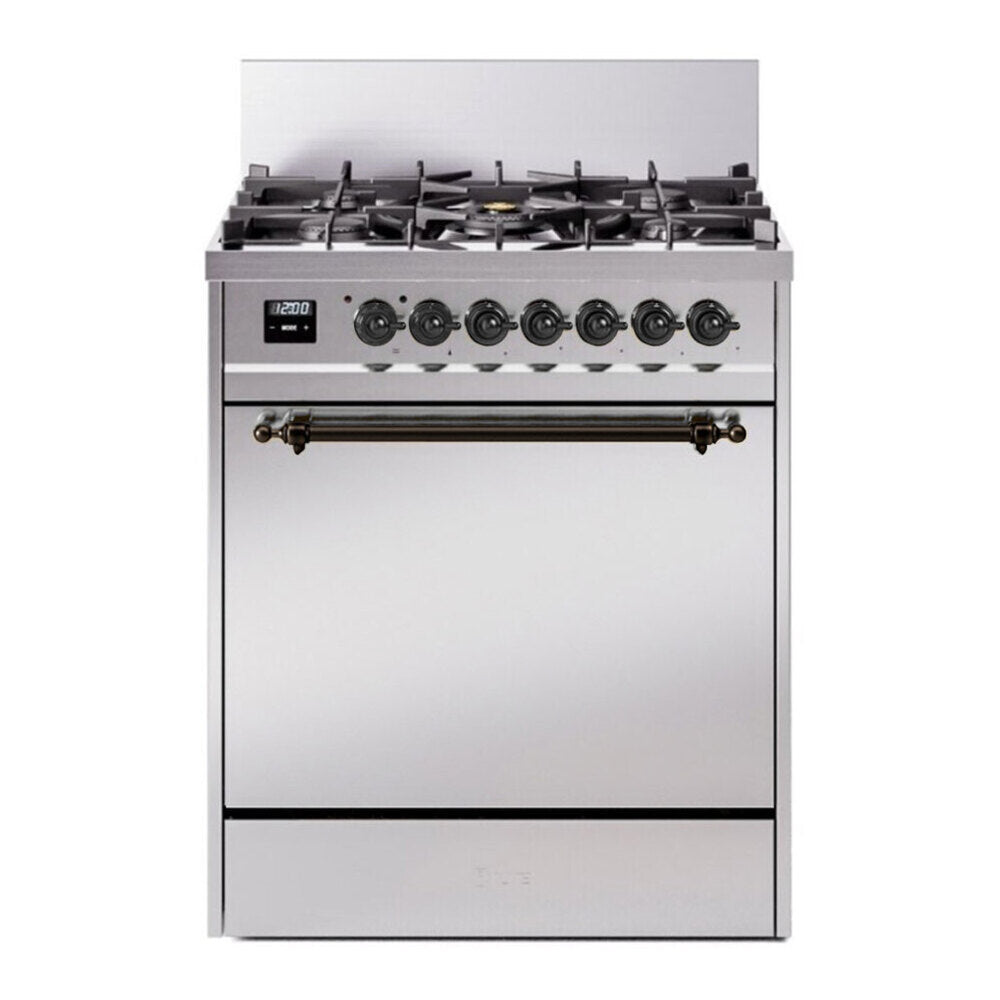 ILVE Nostalgie II 30" Dual Fuel Range - 5 Burners, 4.0 cu. ft. Oven - Solid Door - Stainless Steel / Bronze / Natural Gas