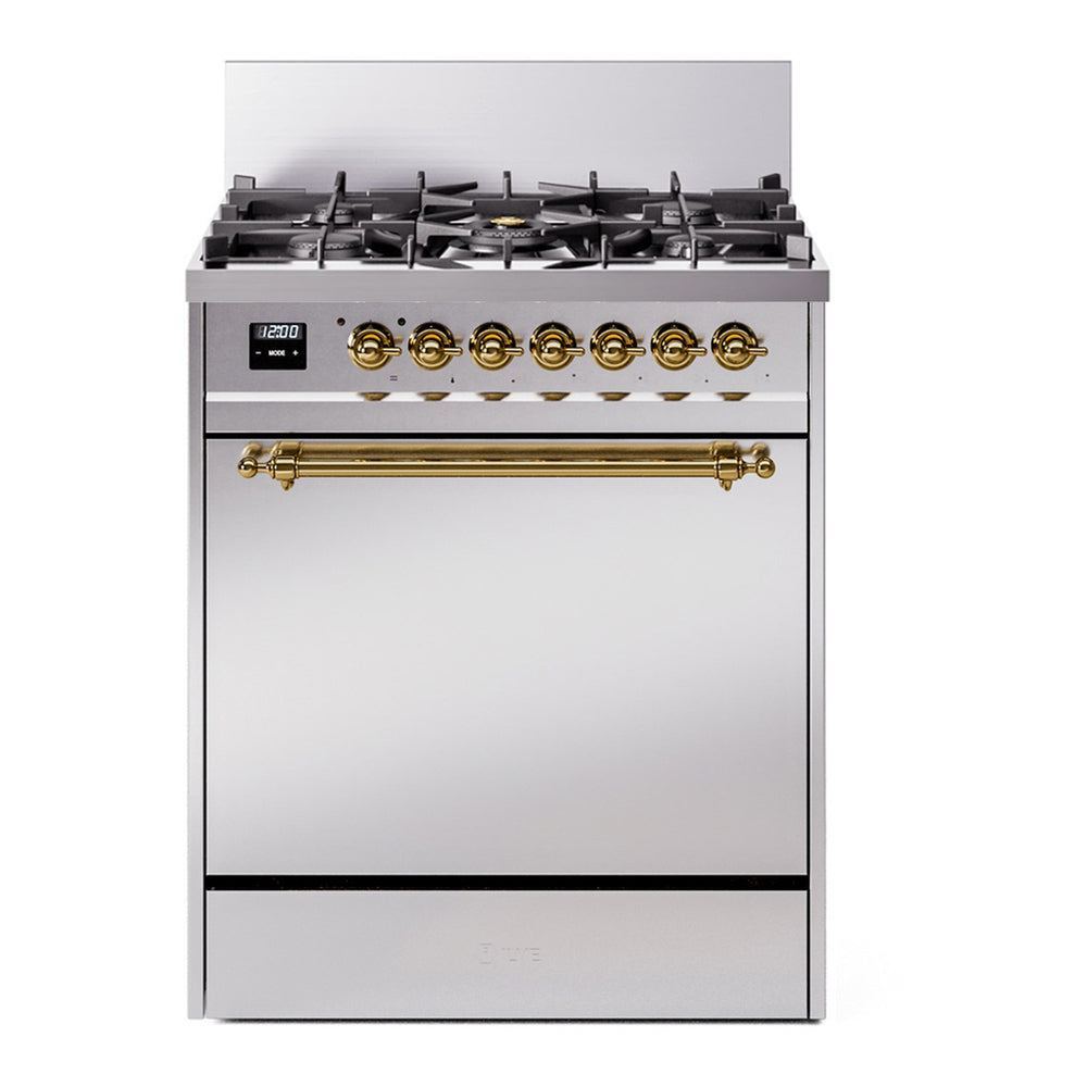 ILVE Nostalgie II 30" Dual Fuel Range - 5 Burners, 4.0 cu. ft. Oven - Solid Door - Stainless Steel / Brass / Natural Gas