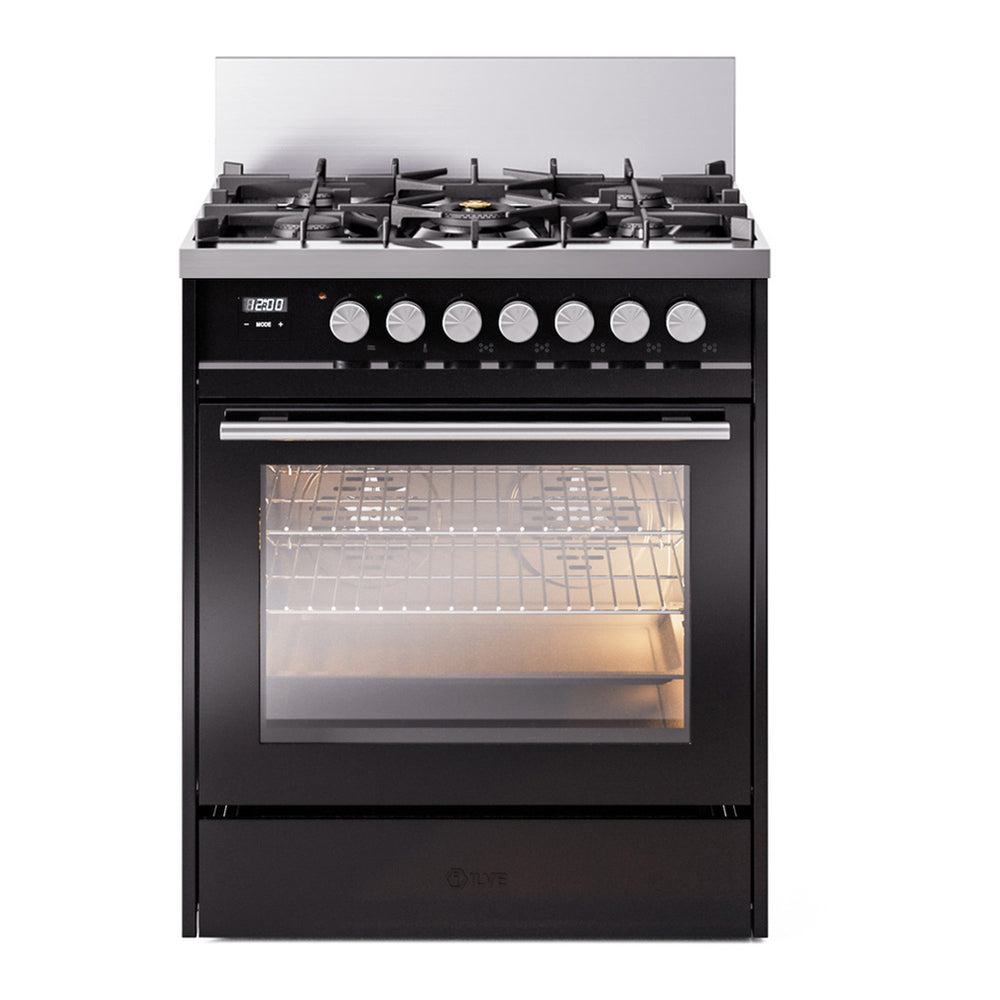 ILVE Professional Plus II 30" Dual Fuel Range - 5-Burner Professional Range, 4.0 cu. ft. Oven - Triple Glass Door - Glossy Black / Natural Gas