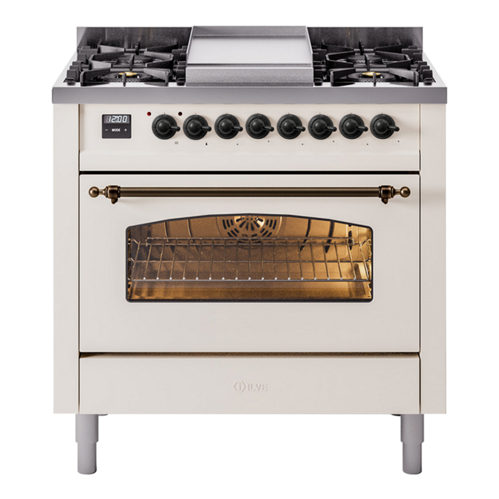 ILVE Nostalgie II 36" Dual Fuel Range - 6 Burners + Griddle, 3.5 cu. ft. Oven - Triple Glass Door - Antique White / Bronze / Natural Gas