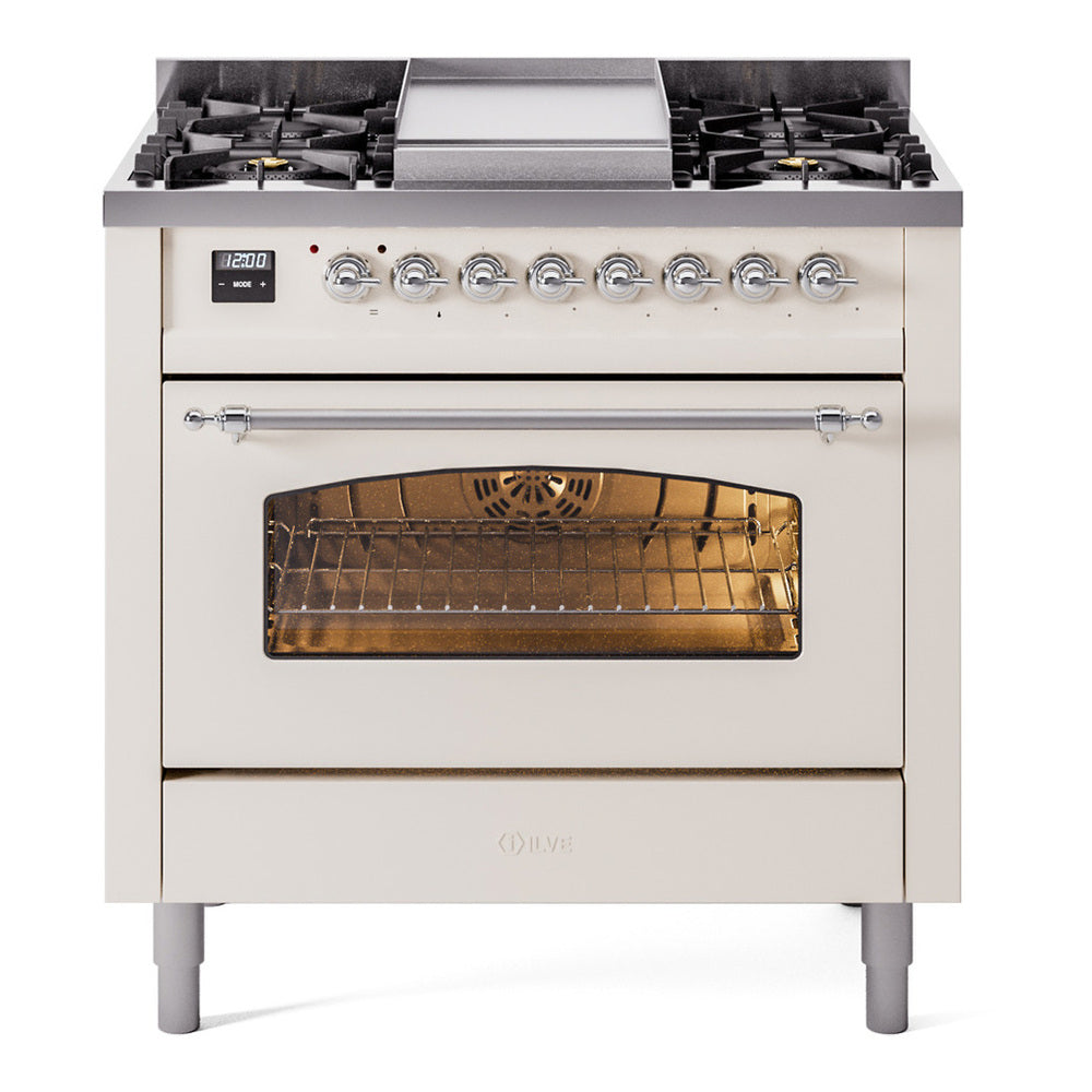 ILVE Nostalgie II 36" Dual Fuel Range - 6 Burners + Griddle, 3.5 cu. ft. Oven - Triple Glass Door - Antique White / Chrome / Natural Gas