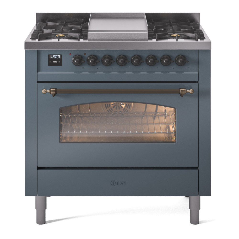 ILVE Nostalgie II 36" Dual Fuel Range - 6 Burners + Griddle, 3.5 cu. ft. Oven - Triple Glass Door - Blue Grey / Bronze / Natural Gas