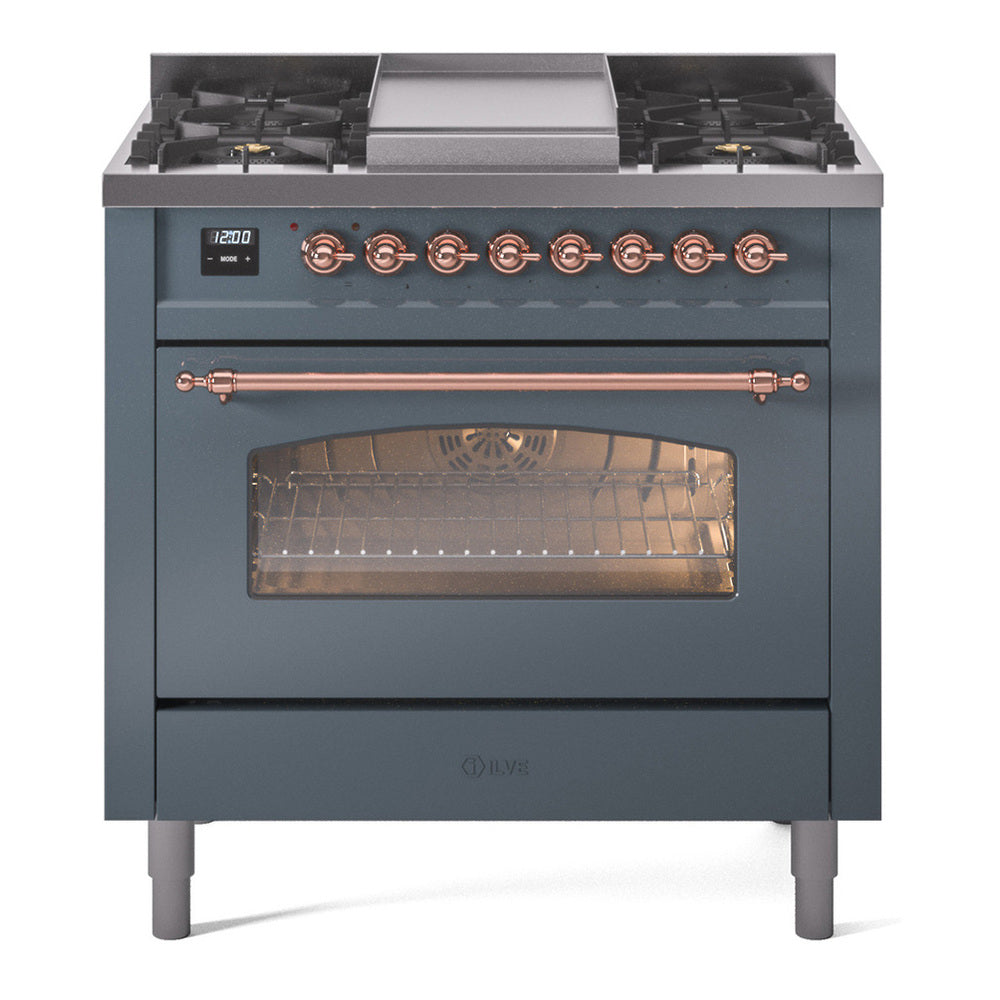 ILVE Nostalgie II 36" Dual Fuel Range - 6 Burners + Griddle, 3.5 cu. ft. Oven - Triple Glass Door - Blue Grey / Copper / Natural Gas
