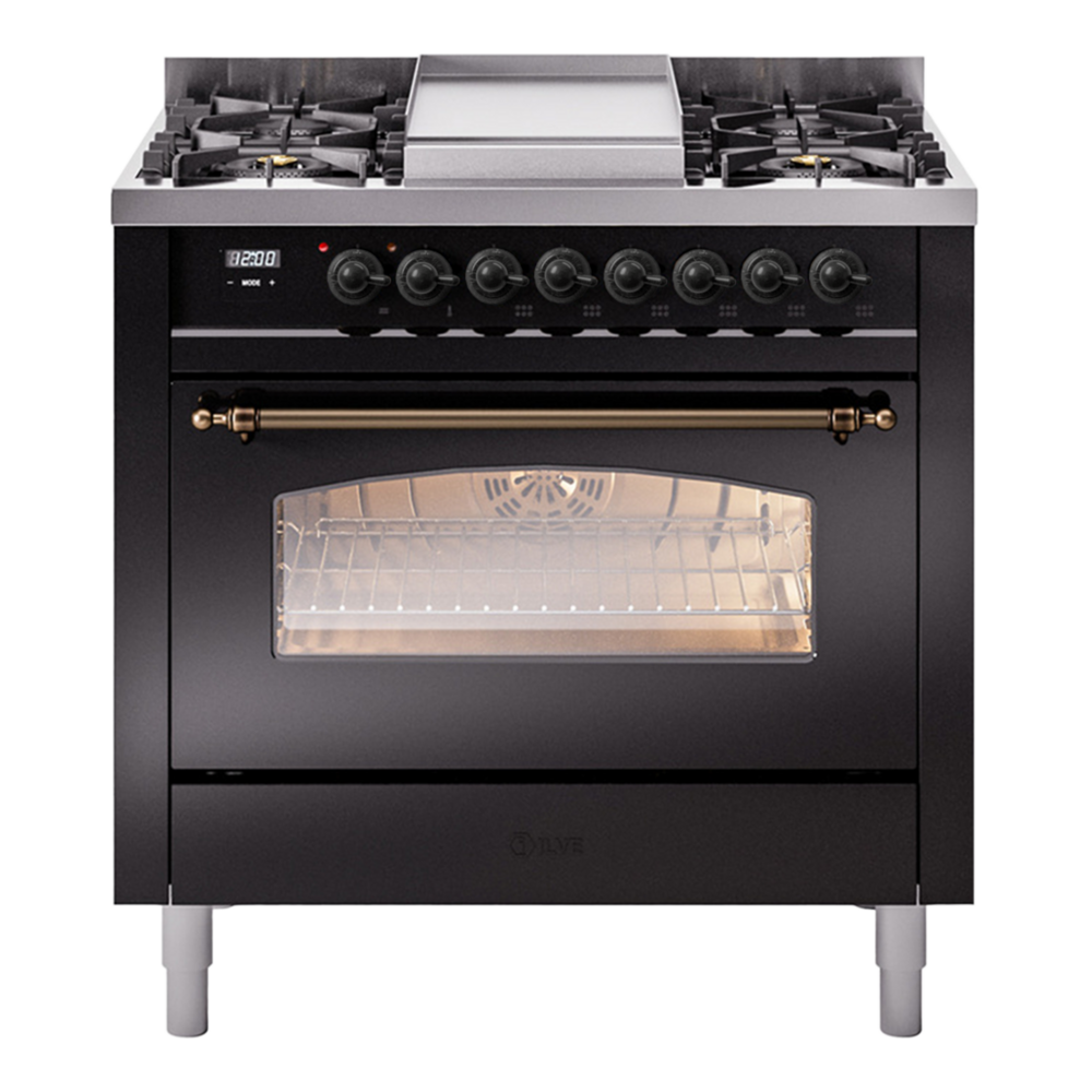 ILVE Nostalgie II 36" Dual Fuel Range - 6 Burners + Griddle, 3.5 cu. ft. Oven - Triple Glass Door - Glossy Black / Bronze / Natural Gas