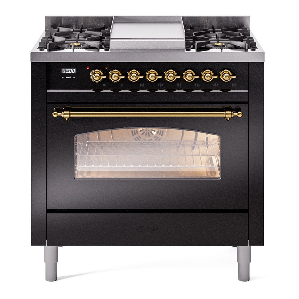 ILVE Nostalgie II 36" Dual Fuel Range - 6 Burners + Griddle, 3.5 cu. ft. Oven - Triple Glass Door - Glossy Black / Brass / Natural Gas