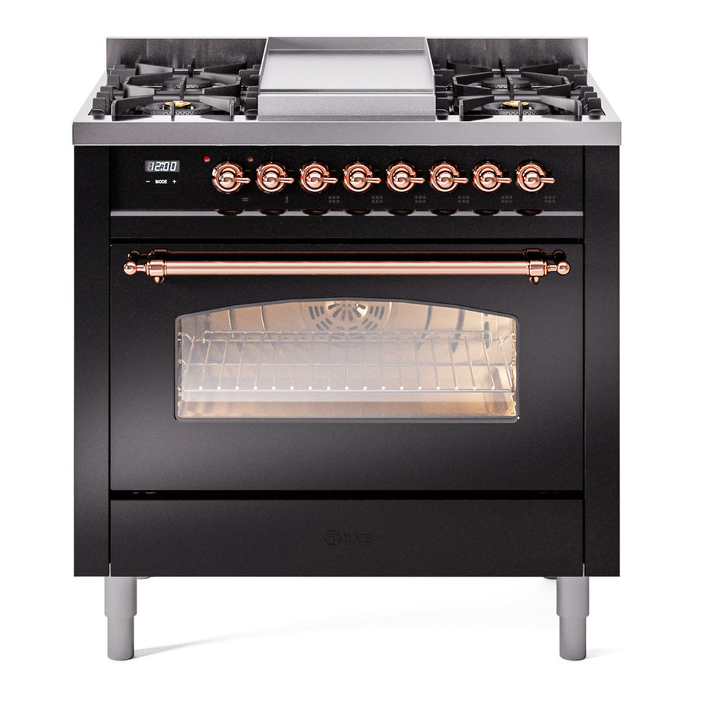 ILVE Nostalgie II 36" Dual Fuel Range - 6 Burners + Griddle, 3.5 cu. ft. Oven - Triple Glass Door - Glossy Black / Copper / Natural Gas