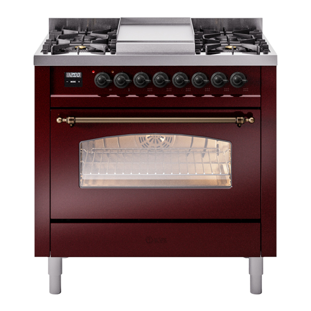 ILVE Nostalgie II 36" Dual Fuel Range - 6 Burners + Griddle, 3.5 cu. ft. Oven - Triple Glass Door - Burgundy / Bronze / Natural Gas