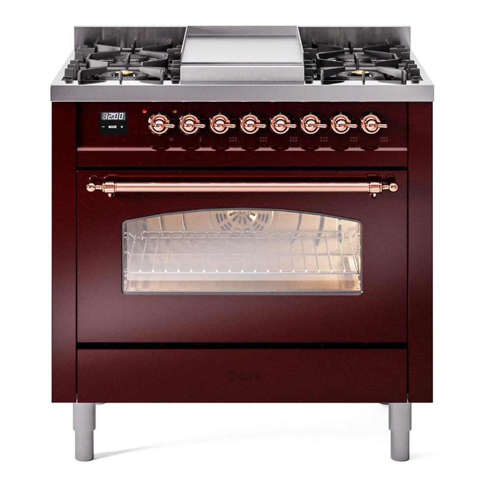 ILVE Nostalgie II 36" Dual Fuel Range - 6 Burners + Griddle, 3.5 cu. ft. Oven - Triple Glass Door - Burgundy / Copper / Natural Gas