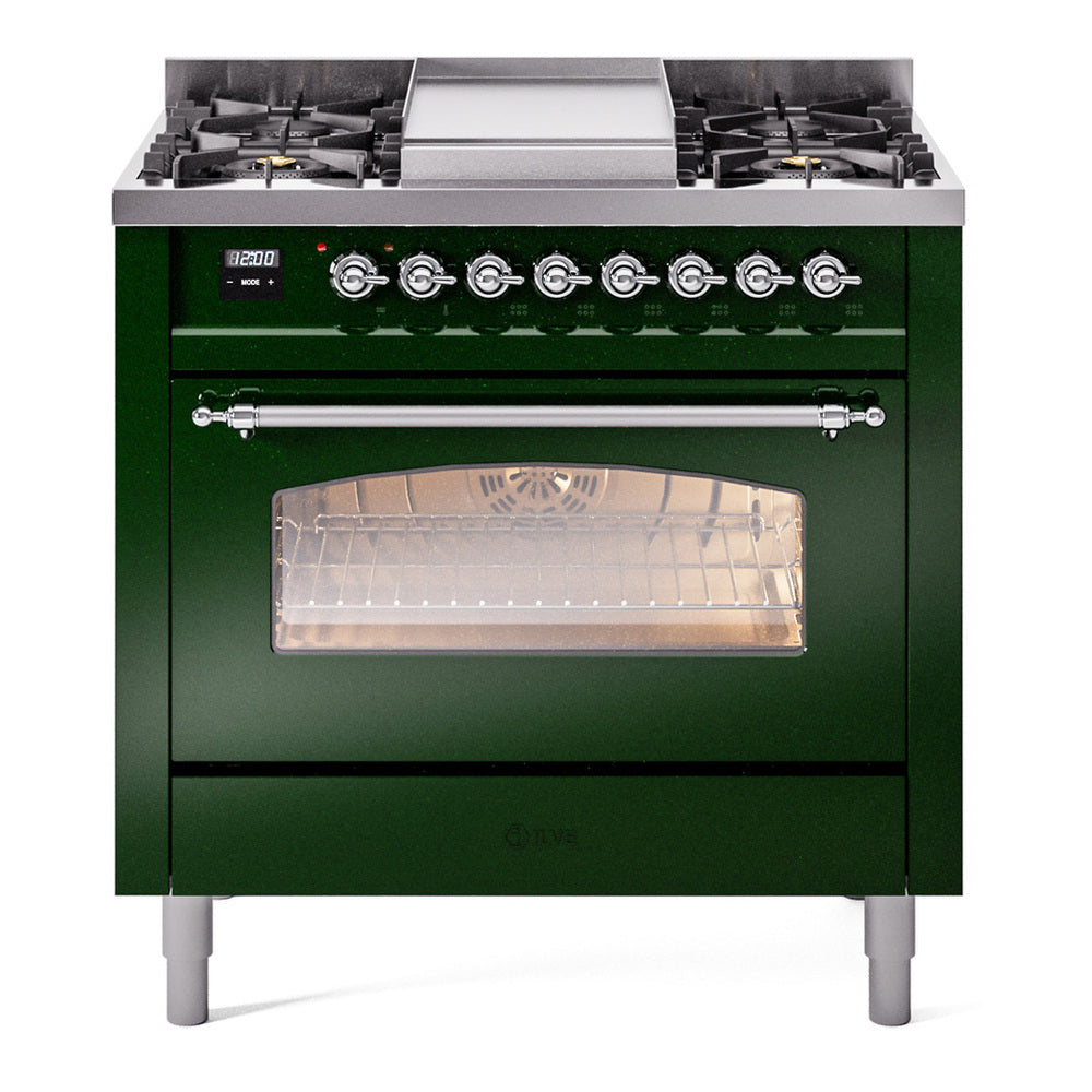 ILVE Nostalgie II 36" Dual Fuel Range - 6 Burners + Griddle, 3.5 cu. ft. Oven - Triple Glass Door - Emerald Green / Chrome / Natural Gas