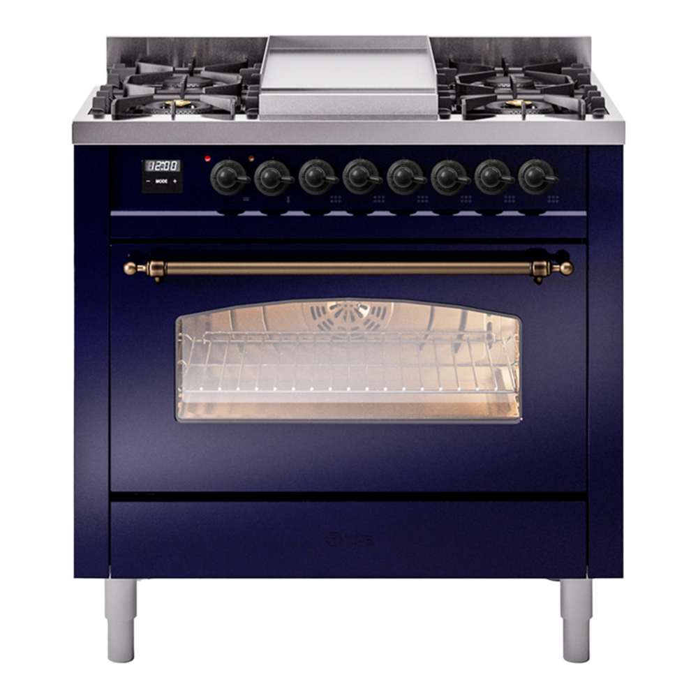 ILVE Nostalgie II 36" Dual Fuel Range - 6 Burners + Griddle, 3.5 cu. ft. Oven - Triple Glass Door - Midnight Blue / Bronze / Natural Gas