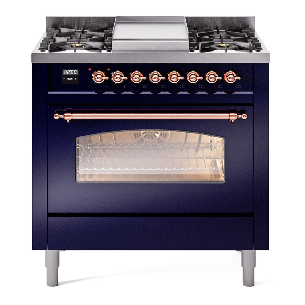 ILVE Nostalgie II 36" Dual Fuel Range - 6 Burners + Griddle, 3.5 cu. ft. Oven - Triple Glass Door - Midnight Blue / Copper / Natural Gas