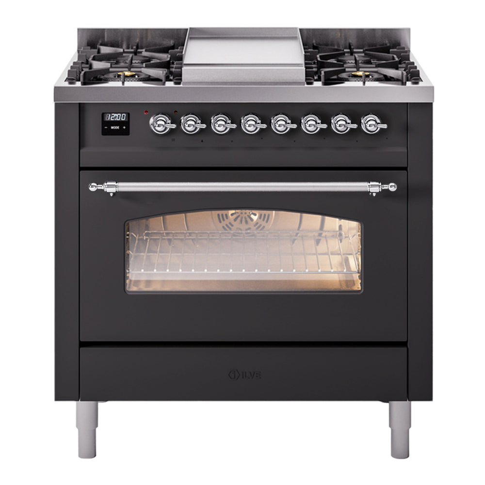 ILVE Nostalgie II 36" Dual Fuel Range - 6 Burners + Griddle, 3.5 cu. ft. Oven - Triple Glass Door - Graphite Matte / Chrome / Natural Gas