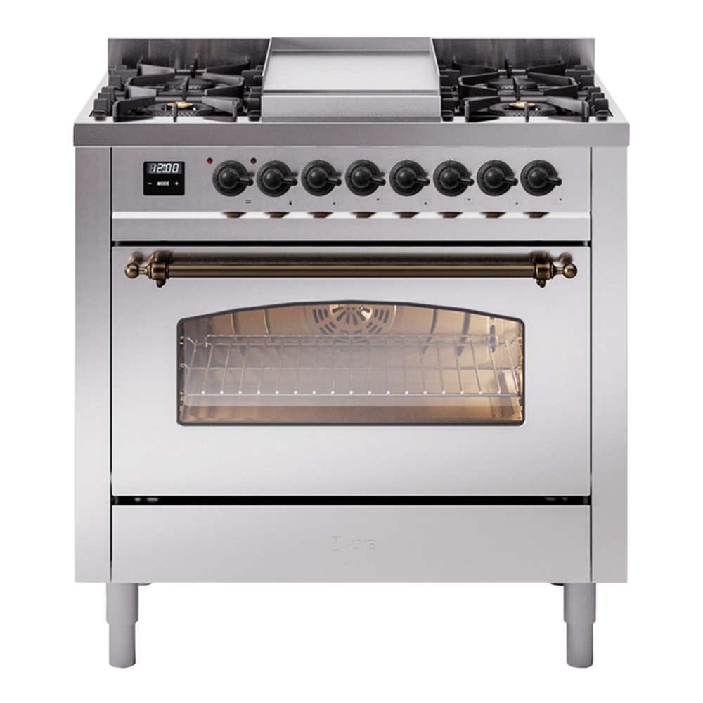ILVE Nostalgie II 36" Dual Fuel Range - 6 Burners + Griddle, 3.5 cu. ft. Oven - Triple Glass Door - Stainless Steel / Bronze / Natural Gas