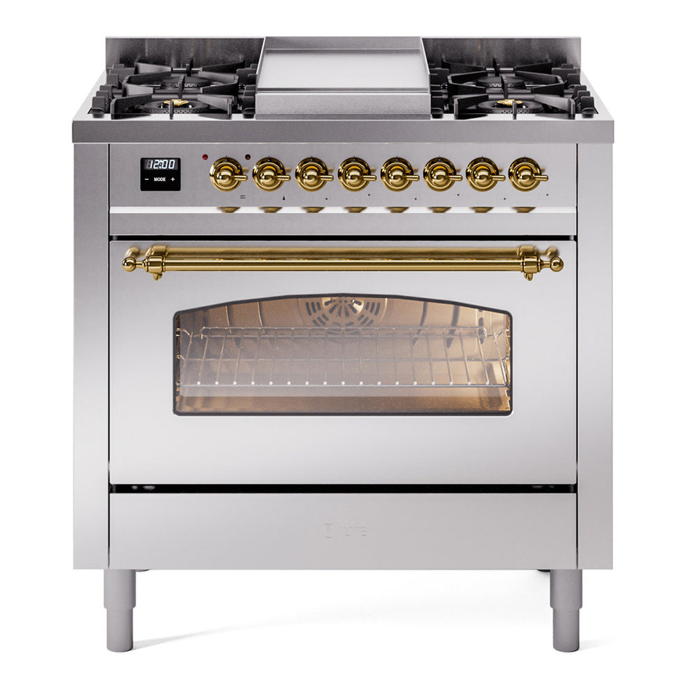 ILVE Nostalgie II 36" Dual Fuel Range - 6 Burners + Griddle, 3.5 cu. ft. Oven - Triple Glass Door - Stainless Steel / Brass / Natural Gas
