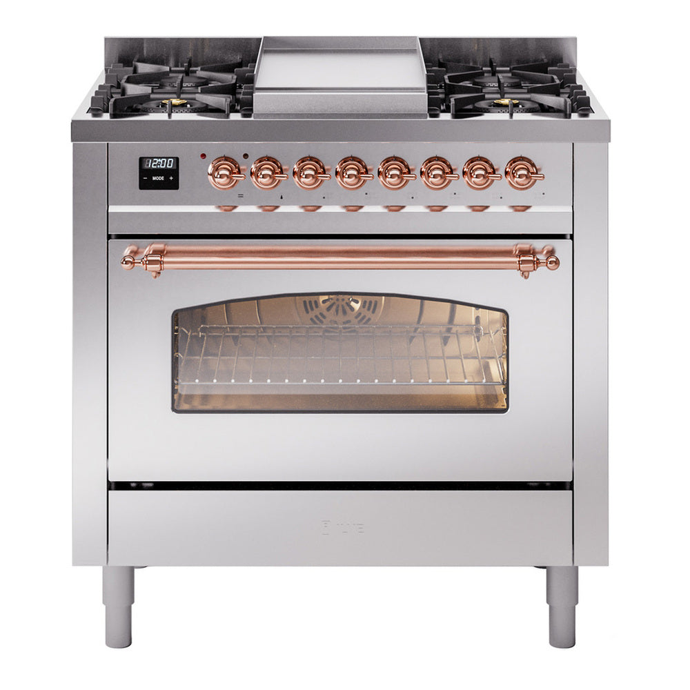 ILVE Nostalgie II 36" Dual Fuel Range - 6 Burners + Griddle, 3.5 cu. ft. Oven - Triple Glass Door - Stainless Steel / Copper / Natural Gas