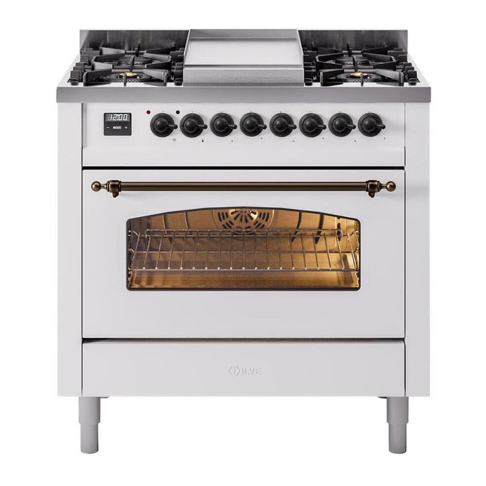ILVE Nostalgie II 36" Dual Fuel Range - 6 Burners + Griddle, 3.5 cu. ft. Oven - Triple Glass Door - White / Bronze / Natural Gas