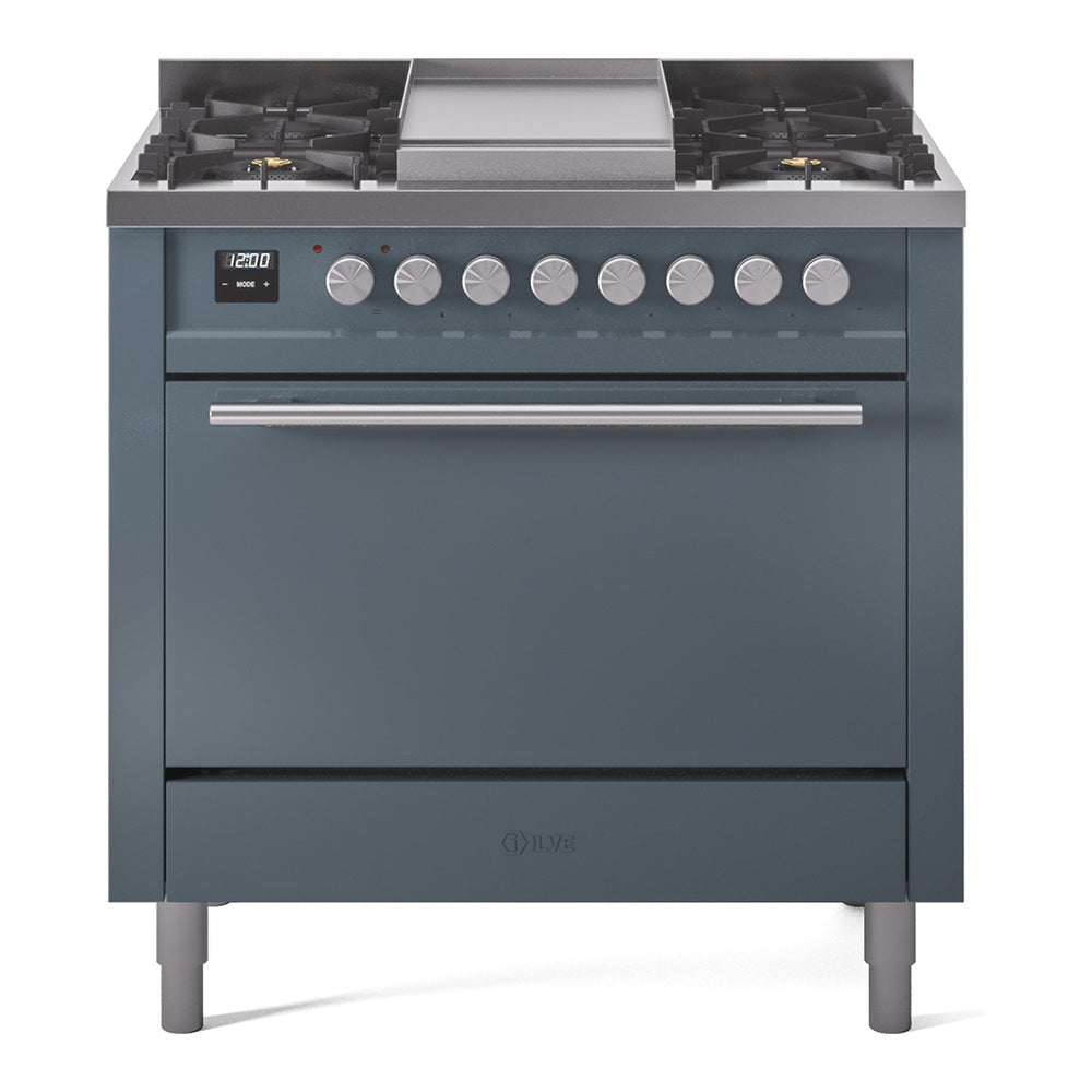 ILVE Professional Plus II 36" Dual Fuel Range - 6 Burners + Griddle, 3.5 cu. ft. Oven - Solid Door - Blue Grey / Natural Gas