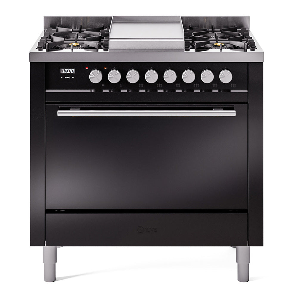 ILVE Professional Plus II 36" Dual Fuel Range - 6 Burners + Griddle, 3.5 cu. ft. Oven - Solid Door - Glossy Black / Natural Gas