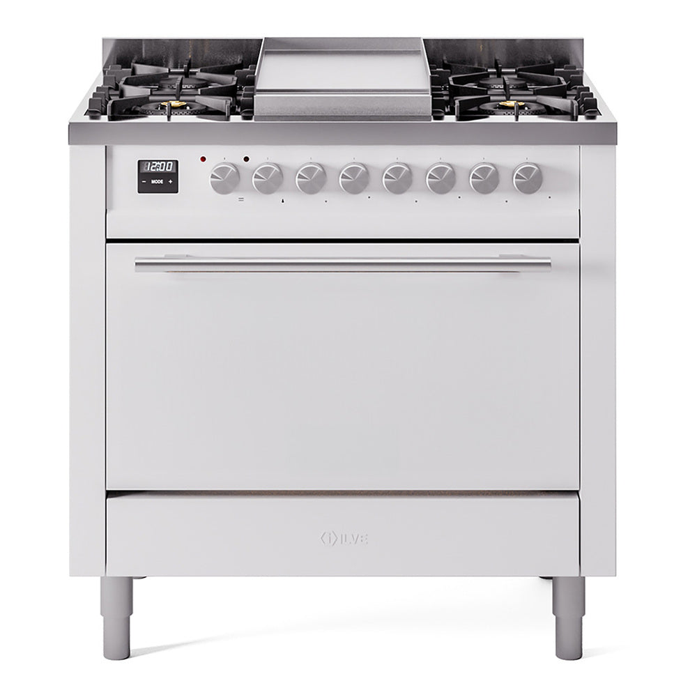 ILVE Professional Plus II 36" Dual Fuel Range - 6 Burners + Griddle, 3.5 cu. ft. Oven - Solid Door - White / Natural Gas