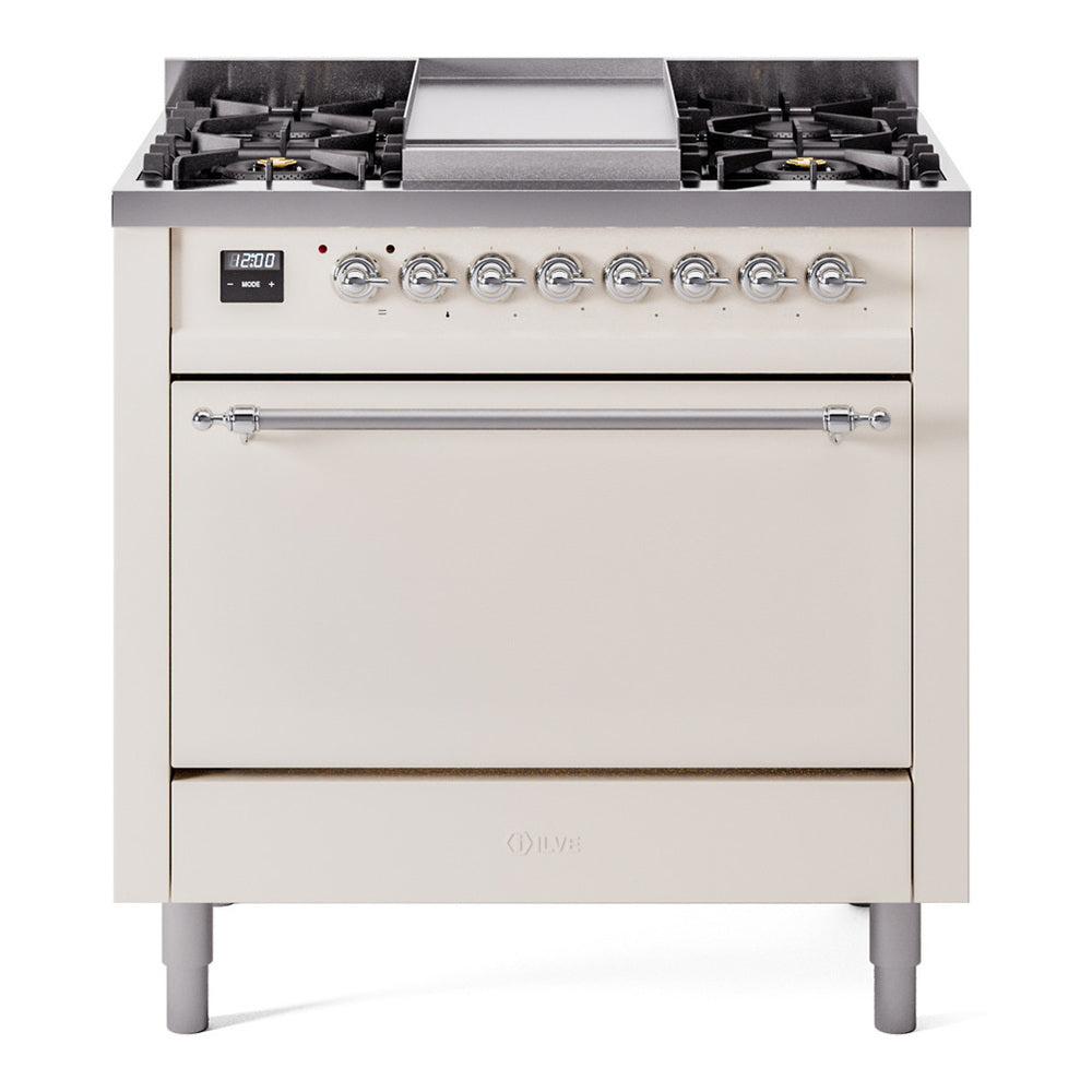 ILVE Nostalgie II 36" Dual Fuel Range - 6 Burners + Griddle, 3.5 cu. ft. Oven - Solid Door - Antique White / Chrome / Natural Gas