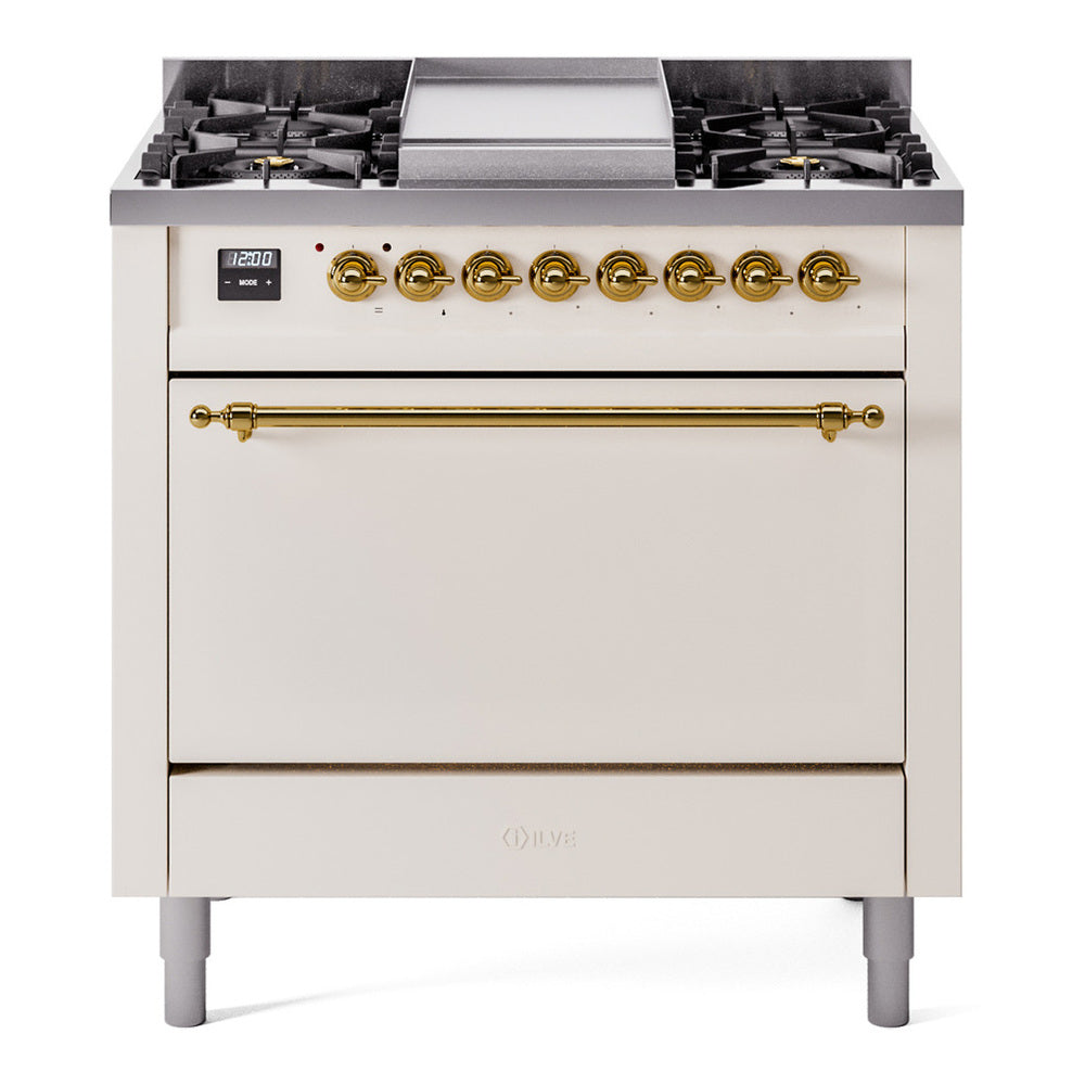 ILVE Nostalgie II 36" Dual Fuel Range - 6 Burners + Griddle, 3.5 cu. ft. Oven - Solid Door - Antique White / Brass / Natural Gas