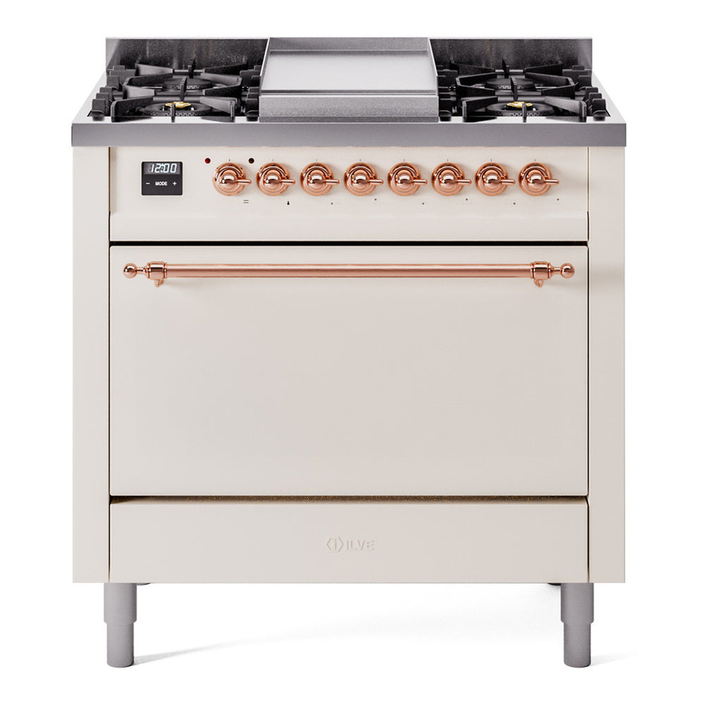 ILVE Nostalgie II 36" Dual Fuel Range - 6 Burners + Griddle, 3.5 cu. ft. Oven - Solid Door - Antique White / Copper / Natural Gas