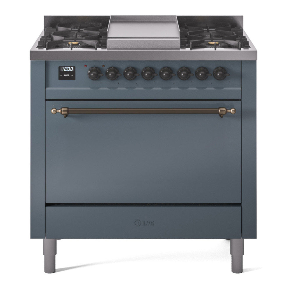 ILVE Nostalgie II 36" Dual Fuel Range - 6 Burners + Griddle, 3.5 cu. ft. Oven - Solid Door - Blue Grey / Bronze / Natural Gas