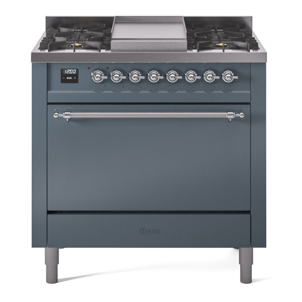 ILVE Nostalgie II 36" Dual Fuel Range - 6 Burners + Griddle, 3.5 cu. ft. Oven - Solid Door - Blue Grey / Chrome / Natural Gas