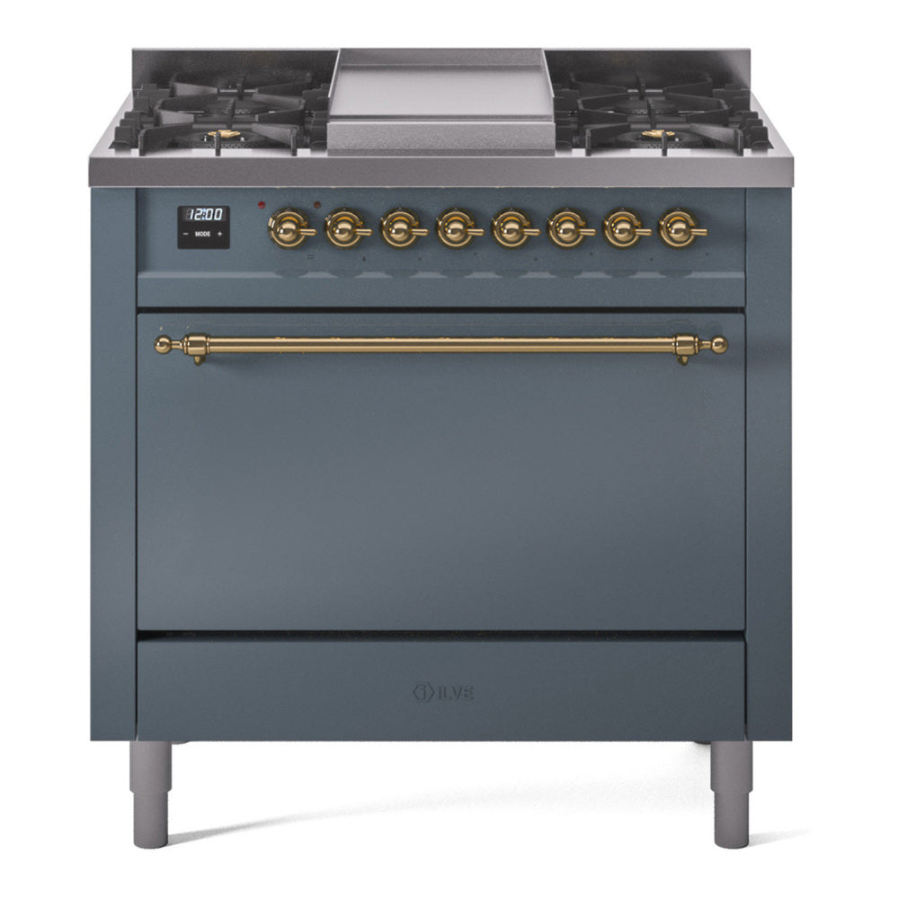 ILVE Nostalgie II 36" Dual Fuel Range - 6 Burners + Griddle, 3.5 cu. ft. Oven - Solid Door - Blue Grey / Brass / Natural Gas