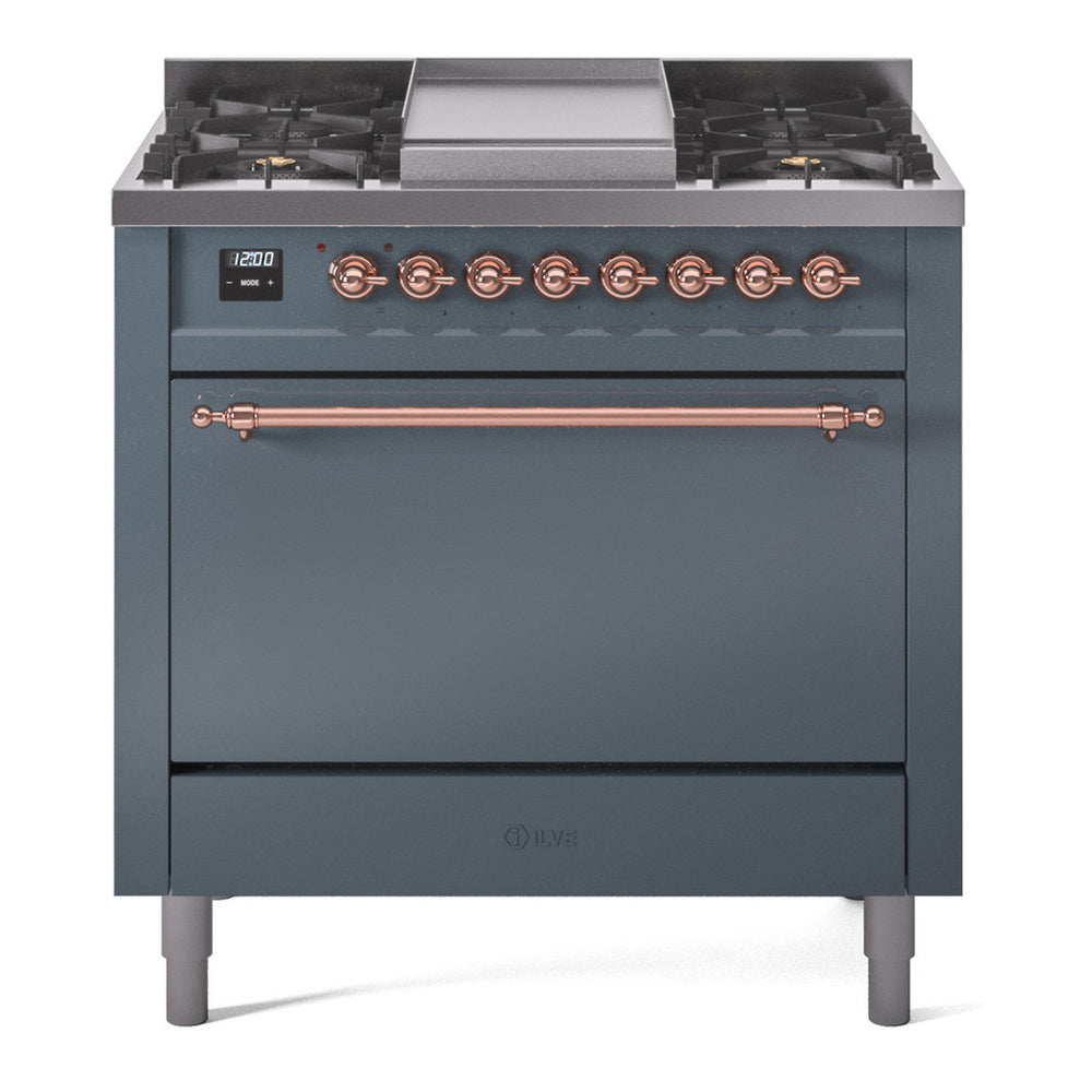 ILVE Nostalgie II 36" Dual Fuel Range - 6 Burners + Griddle, 3.5 cu. ft. Oven - Solid Door - Blue Grey / Copper / Natural Gas