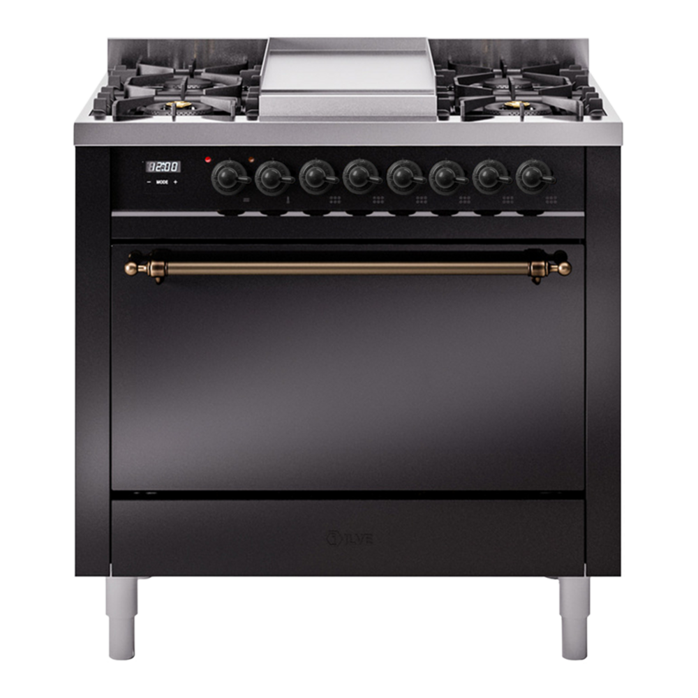 ILVE Nostalgie II 36" Dual Fuel Range - 6 Burners + Griddle, 3.5 cu. ft. Oven - Solid Door - Glossy Black / Bronze / Natural Gas