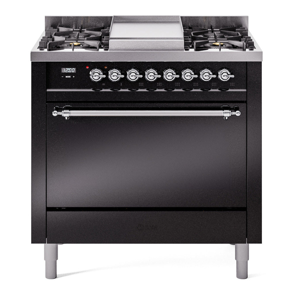 ILVE Nostalgie II 36" Dual Fuel Range - 6 Burners + Griddle, 3.5 cu. ft. Oven - Solid Door - Glossy Black / Chrome / Natural Gas