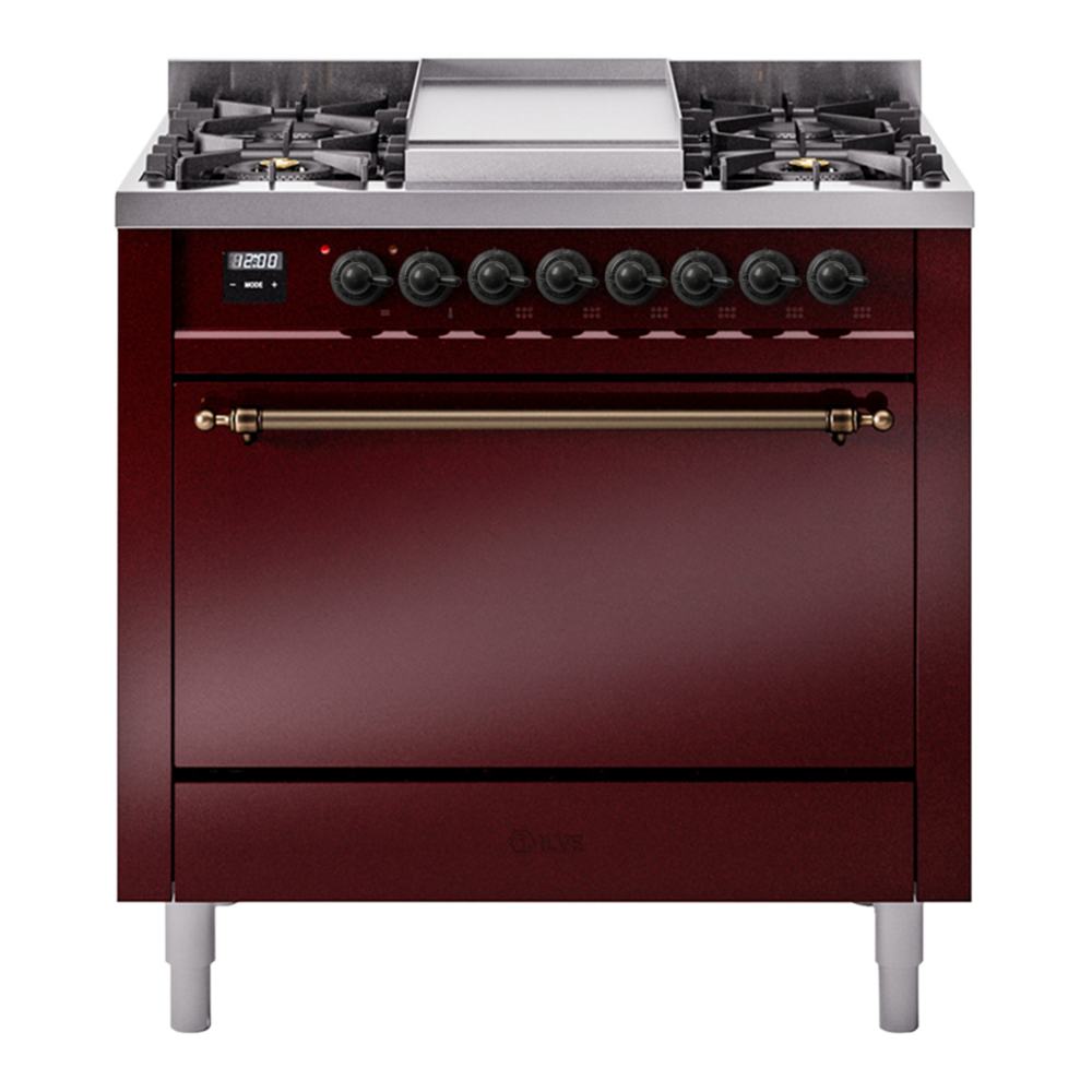 ILVE Nostalgie II 36" Dual Fuel Range - 6 Burners + Griddle, 3.5 cu. ft. Oven - Solid Door - Burgundy / Bronze / Natural Gas