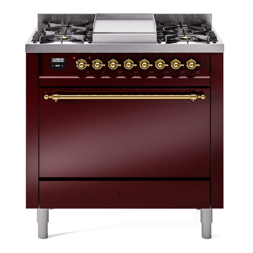 ILVE Nostalgie II 36" Dual Fuel Range - 6 Burners + Griddle, 3.5 cu. ft. Oven - Solid Door - Burgundy / Brass / Natural Gas