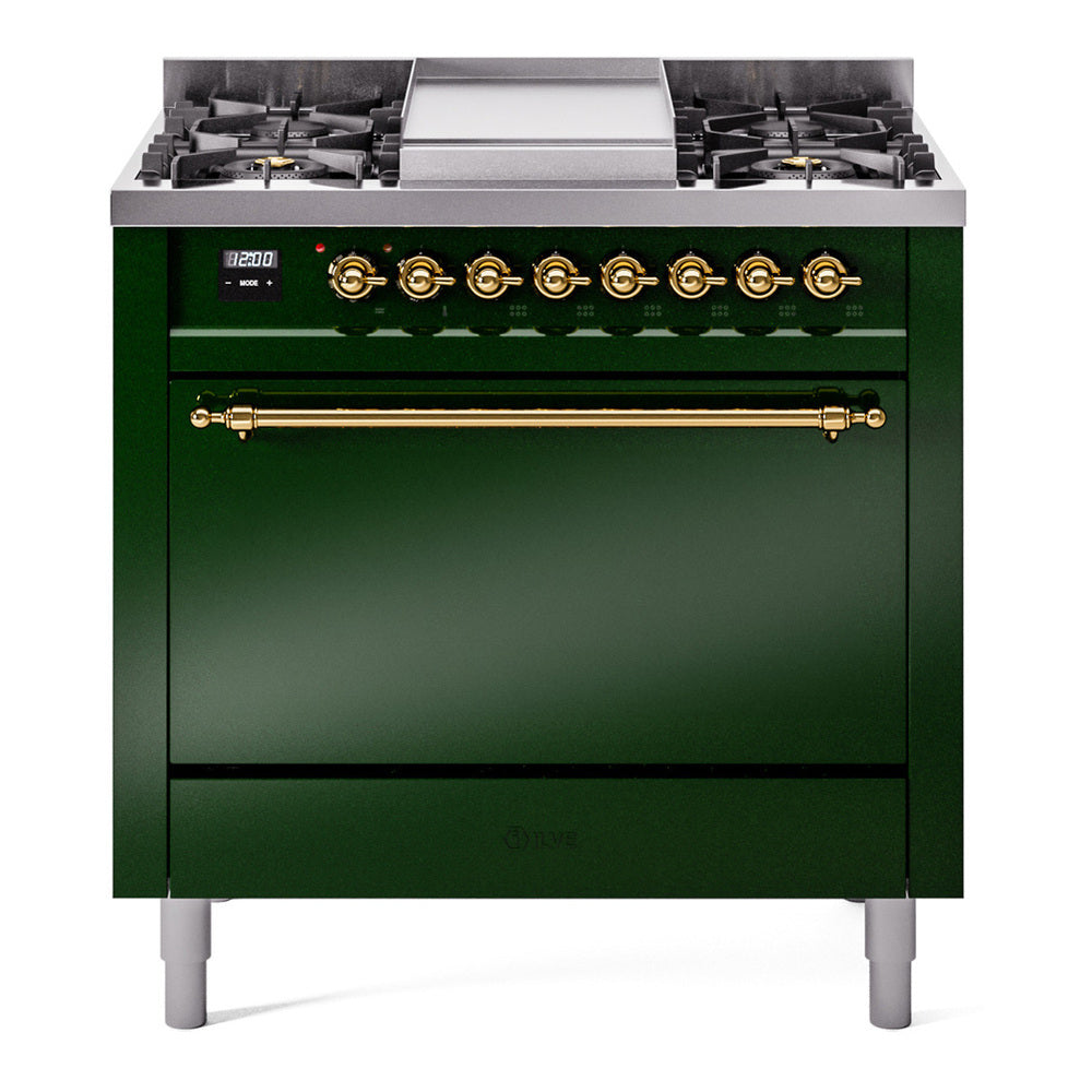 ILVE Nostalgie II 36" Dual Fuel Range - 6 Burners + Griddle, 3.5 cu. ft. Oven - Solid Door - Emerald Green / Brass / Natural Gas