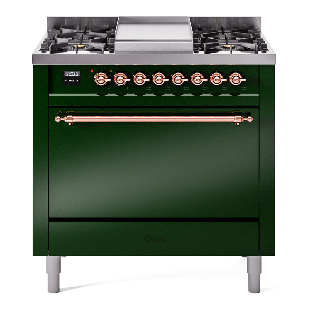 ILVE Nostalgie II 36" Dual Fuel Range - 6 Burners + Griddle, 3.5 cu. ft. Oven - Solid Door - Emerald Green / Copper / Natural Gas