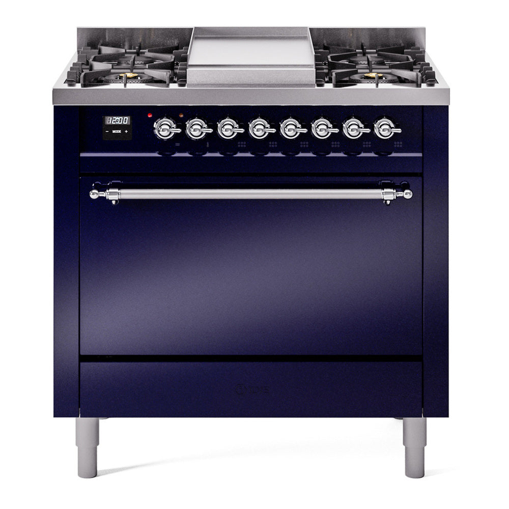 ILVE Nostalgie II 36" Dual Fuel Range - 6 Burners + Griddle, 3.5 cu. ft. Oven - Solid Door - Midnight Blue / Chrome / Natural Gas