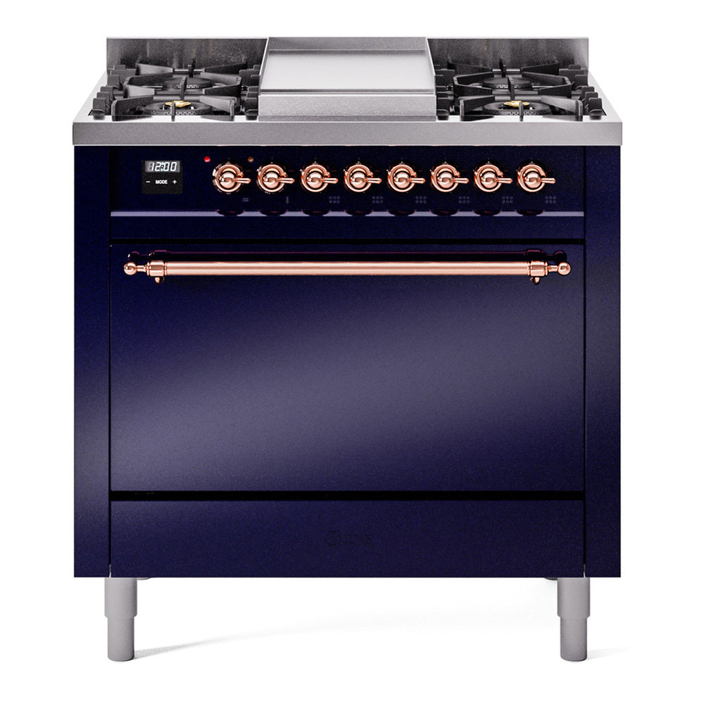 ILVE Nostalgie II 36" Dual Fuel Range - 6 Burners + Griddle, 3.5 cu. ft. Oven - Solid Door - Midnight Blue / Copper / Natural Gas