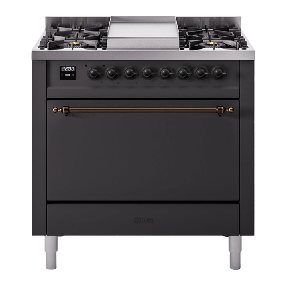 ILVE Nostalgie II 36" Dual Fuel Range - 6 Burners + Griddle, 3.5 cu. ft. Oven - Solid Door - Graphite Matte / Bronze / Natural Gas