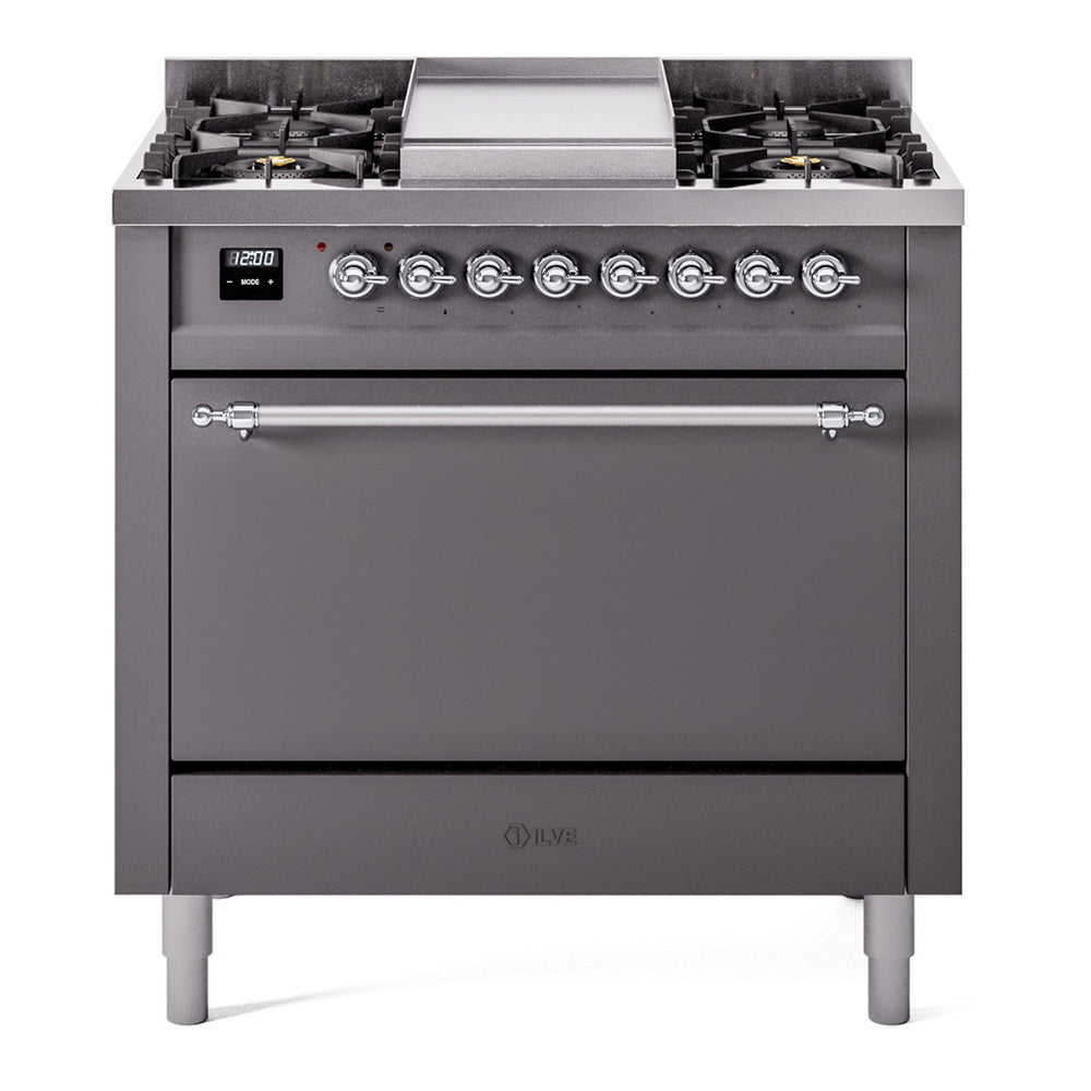 ILVE Nostalgie II 36" Dual Fuel Range - 6 Burners + Griddle, 3.5 cu. ft. Oven - Solid Door - Graphite Matte / Chrome / Natural Gas