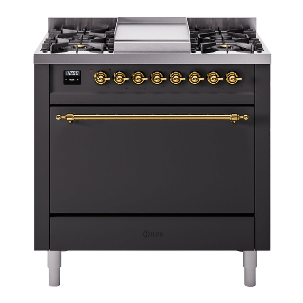 ILVE Nostalgie II 36" Dual Fuel Range - 6 Burners + Griddle, 3.5 cu. ft. Oven - Solid Door - Graphite Matte / Brass / Natural Gas