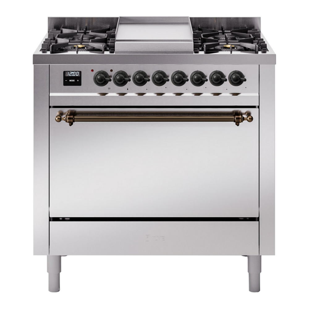 ILVE Nostalgie II 36" Dual Fuel Range - 6 Burners + Griddle, 3.5 cu. ft. Oven - Solid Door - Stainless Steel / Bronze / Natural Gas